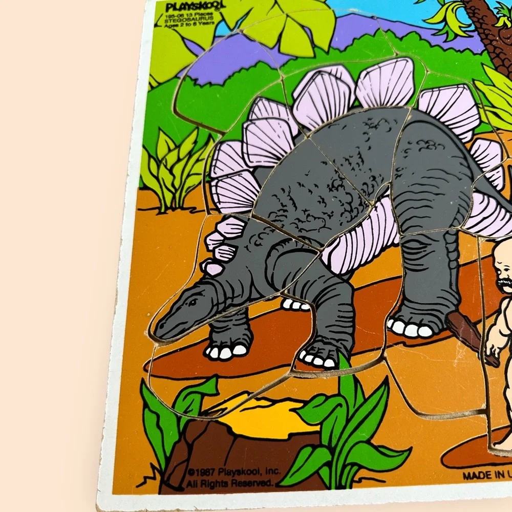 Vintage 1980's Playskool Dinosaur And Caveman Wooden Puzzle